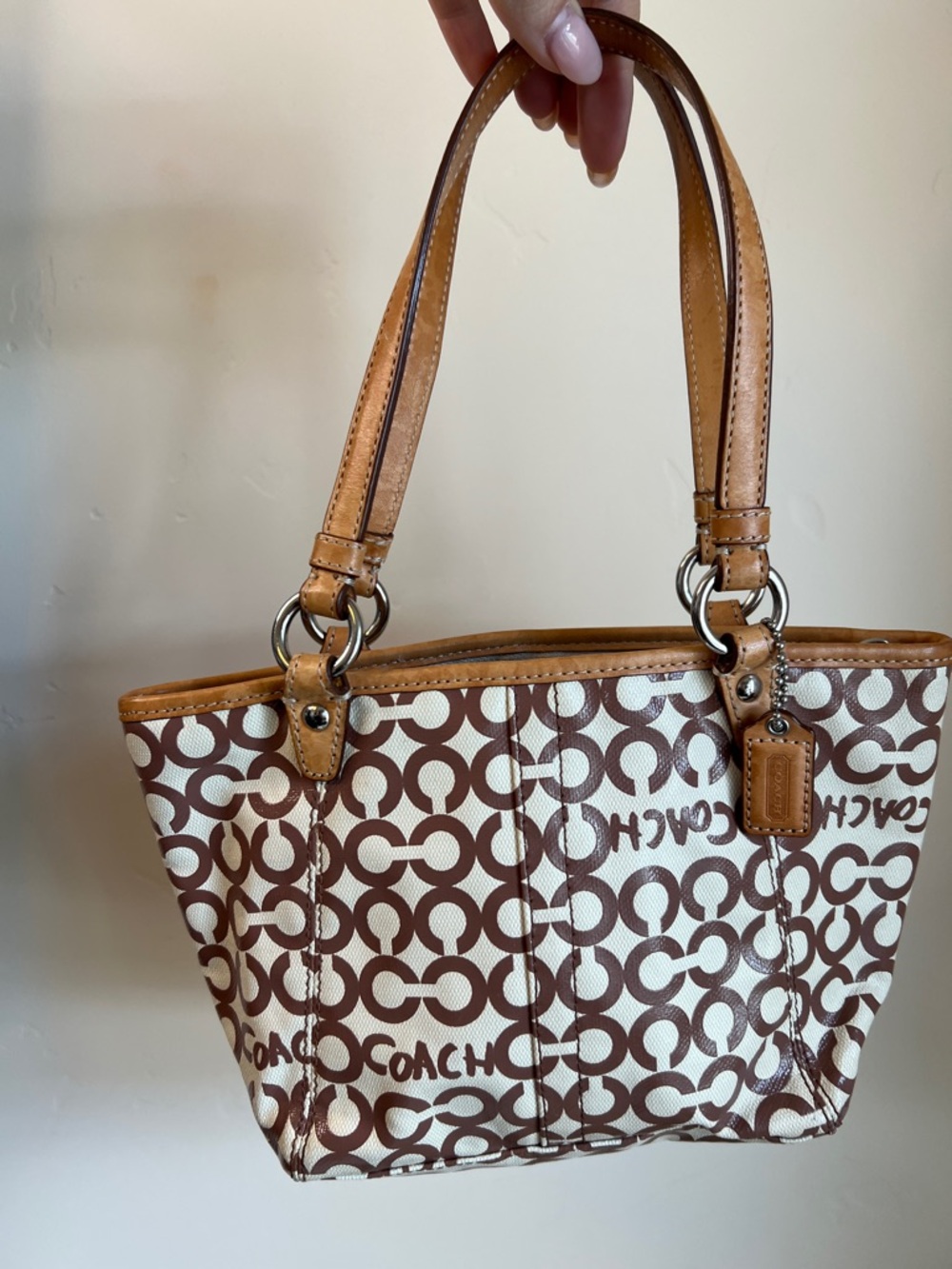 Coach White and Brown Signature Mini Purse with Tan Leather Handles